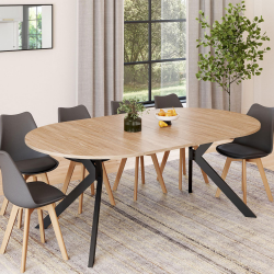 Table à manger extensible ronde ALIX 4-10 personnes pied araignée bois et noir  110 - 200 cm