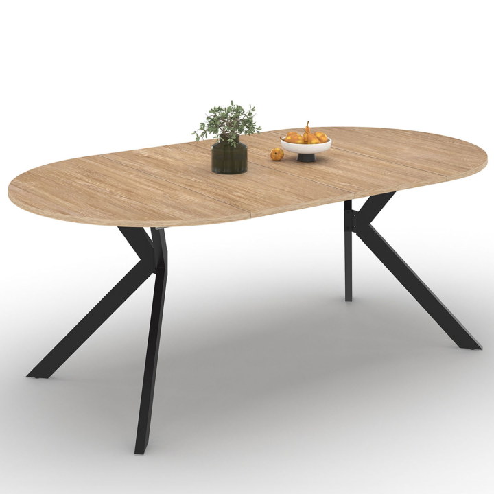 Table à manger extensible ronde ALIX 4-10 personnes pied araignée bois et noir  110 - 200 cm