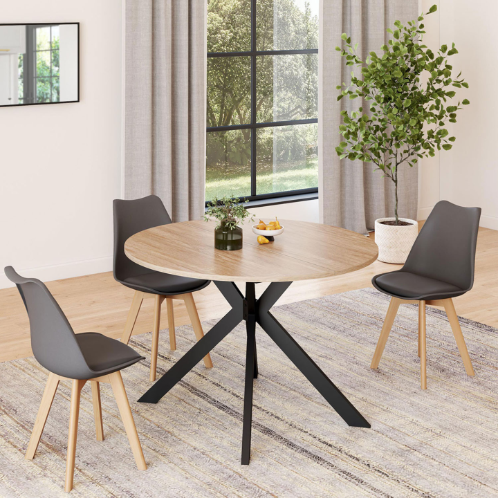 Table à manger extensible ronde ALIX 4-10 personnes pied araignée bois et noir  110 - 200 cm