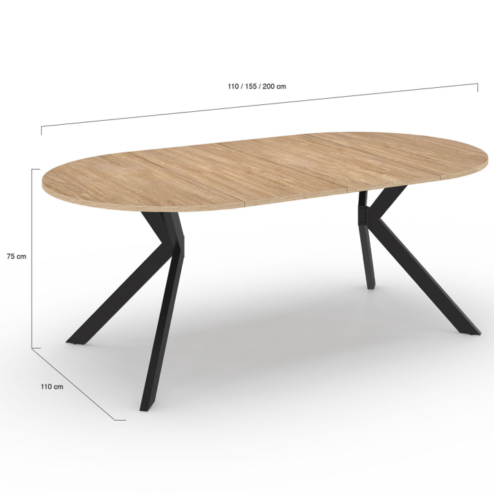 Table à manger extensible ronde ALIX 4-10 personnes pied araignée bois et noir  110 - 200 cm