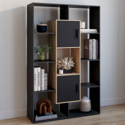 Etagère bibliothèque COLETTE avec 11 compartiments et 2 cases noir et effet bois H.143 cm