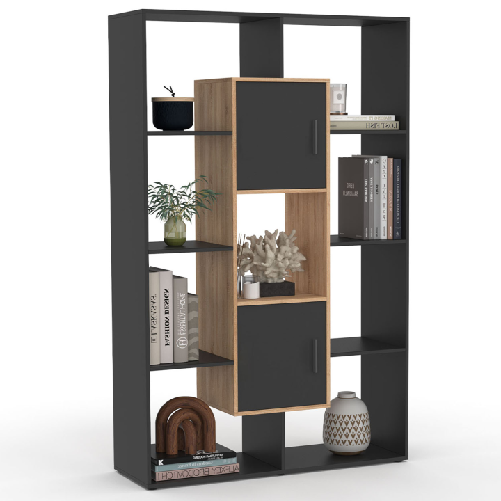 Etagère bibliothèque COLETTE avec 11 compartiments et 2 cases noir et effet bois H.143 cm