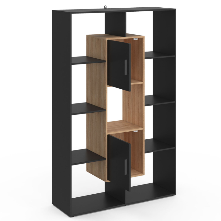 Etagère bibliothèque COLETTE avec 11 compartiments et 2 cases noir et effet bois H.143 cm