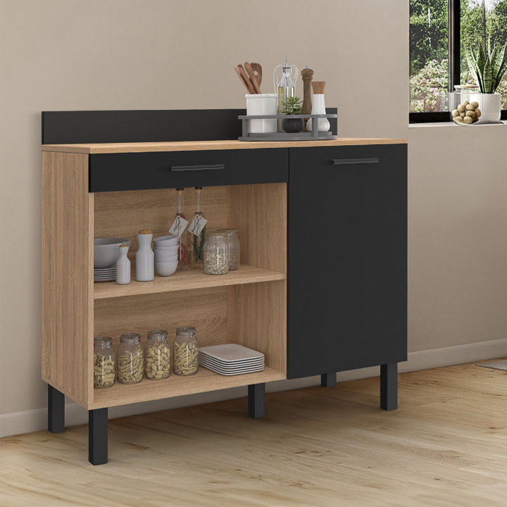 Buffet bas de cuisine 100 CM CINA plan de travail H.83 cm 1 porte + 1 tiroir façon hêtre et noir