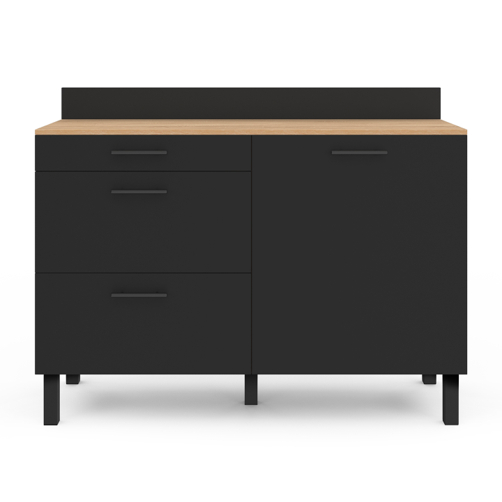 Buffet bas casserolier de cuisine 120 CM CINA plan de travail H.83 cm 1 porte + 3 tiroirs façon hêtre et noir