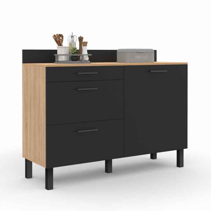 Buffet bas casserolier de cuisine 120 CM CINA plan de travail H.83 cm 1 porte + 3 tiroirs façon hêtre et noir