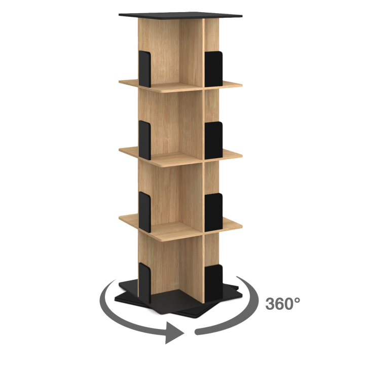 Etagère bibliothèque rotative 4 niveaux RAPHA noir et effet bois rangement