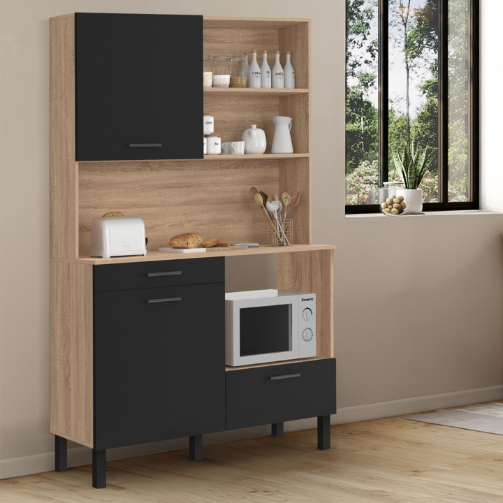 CINA 120 CM aparador de cocina con 3 puertas + 1 cajón, acabado haya y negro