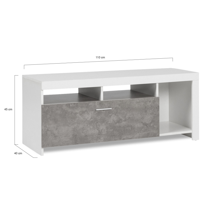 Meuble TV 110 cm MALO blanc et placard effet béton