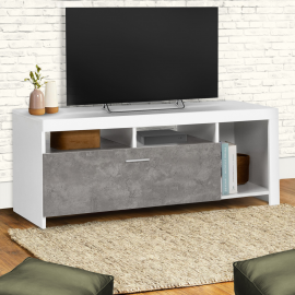 Meuble TV 110 cm MALO blanc et placard effet béton