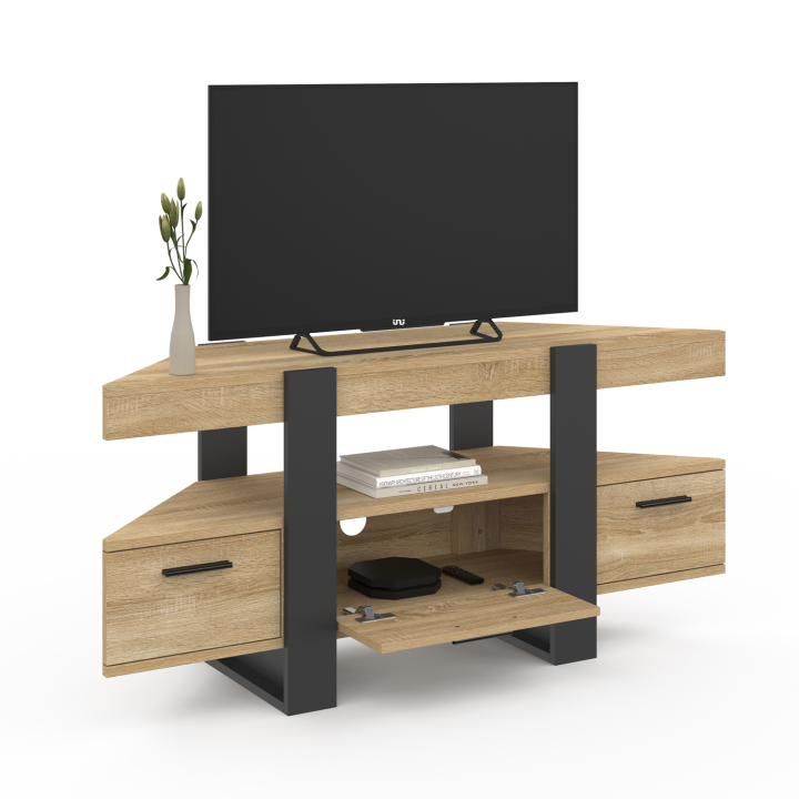 Mueble TV esquinero de 110 cm con cajón de madera y negro - PHOENIX | ID Market