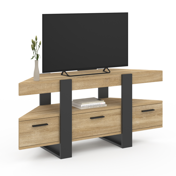 Meuble TV 110 cm d'angle PHOENIX avec tiroir bois et noir