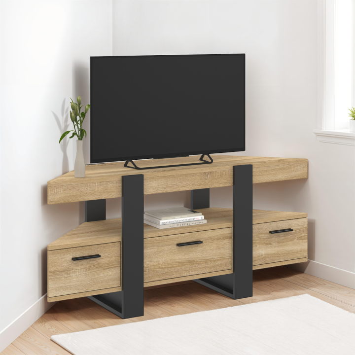 Mueble TV esquinero de 110 cm con cajón de madera y negro - PHOENIX | ID Market