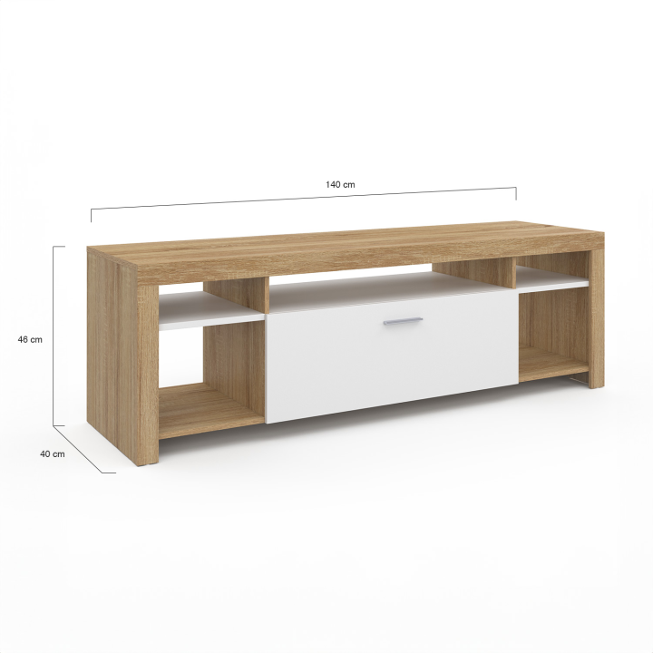 Meuble TV 140 cm MALO bois et placard blanc