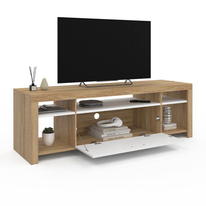 Meuble TV 140 cm MALO bois et placard blanc