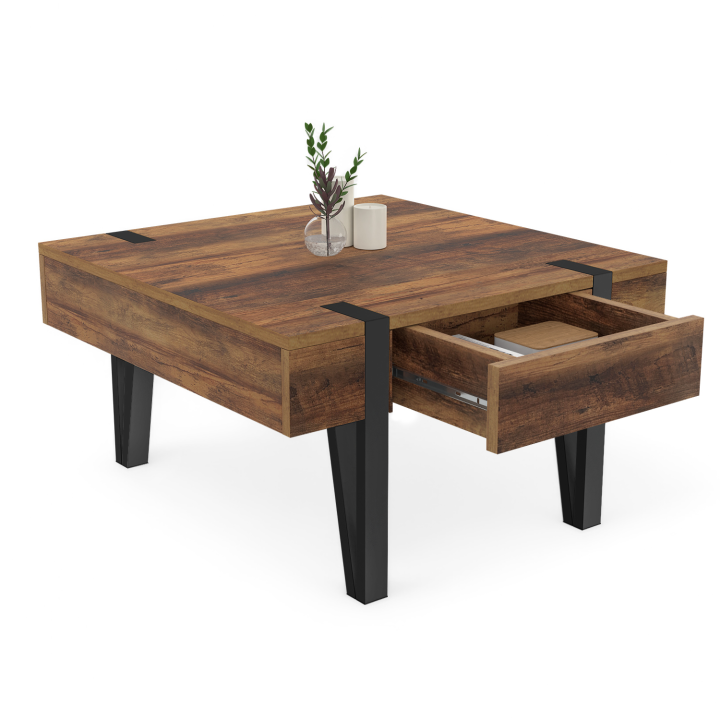 Table basse carrée  AUSTRIA 1 tiroir bois pied épingle