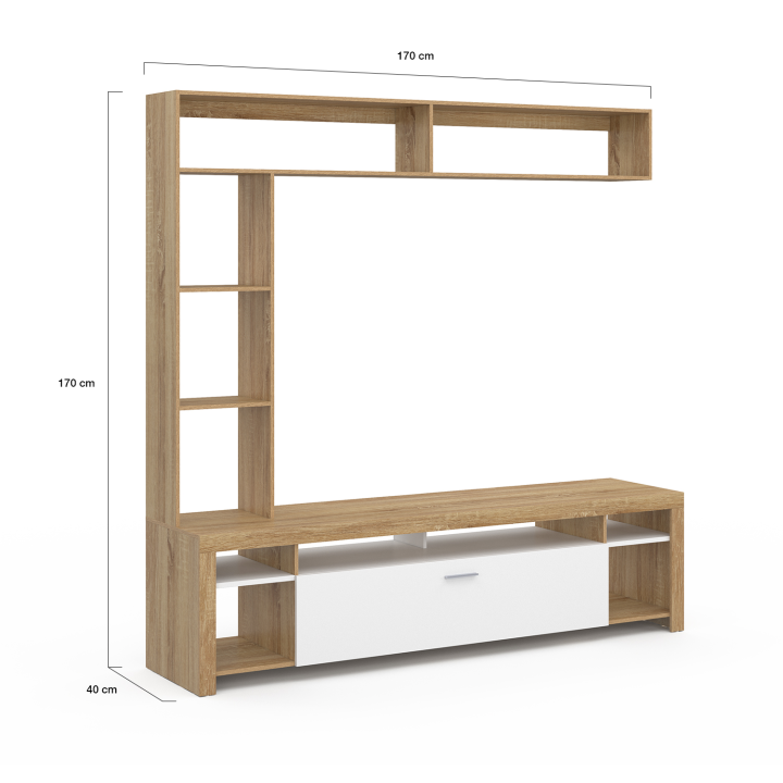 Ensemble meuble TV et étagères 170 cm MALO bois et placard blanc