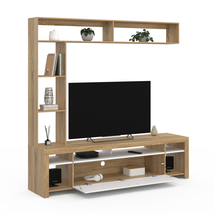 Mueble TV con estantes de madera y armario blanco 170cm - MALO | ID Market