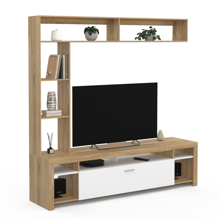 Mueble TV con estantes de madera y armario blanco 170cm - MALO | ID Market