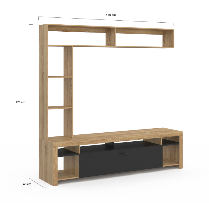 Mueble TV con estantes de madera y armario negro 170cm - MALO | ID Market