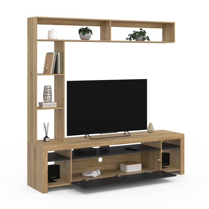 Mueble TV con estantes de madera y armario negro 170cm - MALO | ID Market