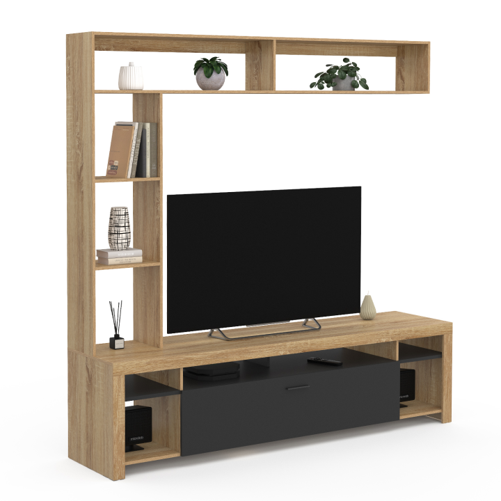 Mueble TV con estantes de madera y armario negro 170cm - MALO | ID Market