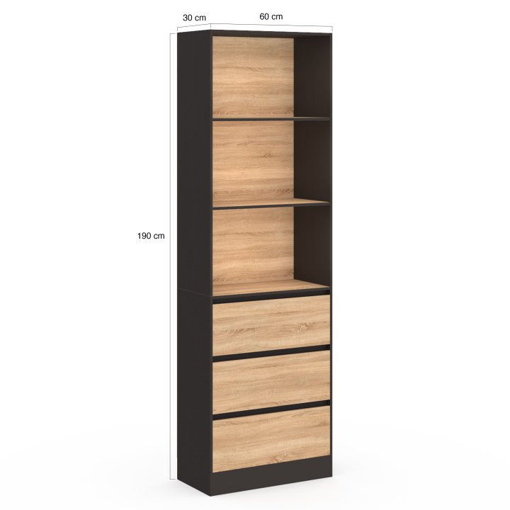 H.190cm Estanteria libreria 3 niveles 3 cajones efecto madera y negro - CARLA | ID Market