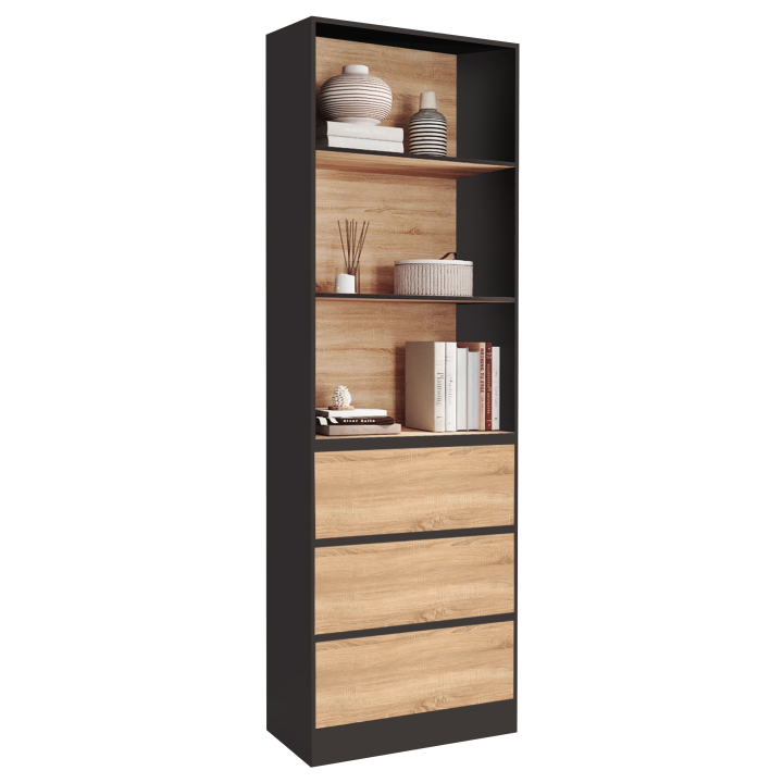 H.190cm Estanteria libreria 3 niveles 3 cajones efecto madera y negro - CARLA | ID Market