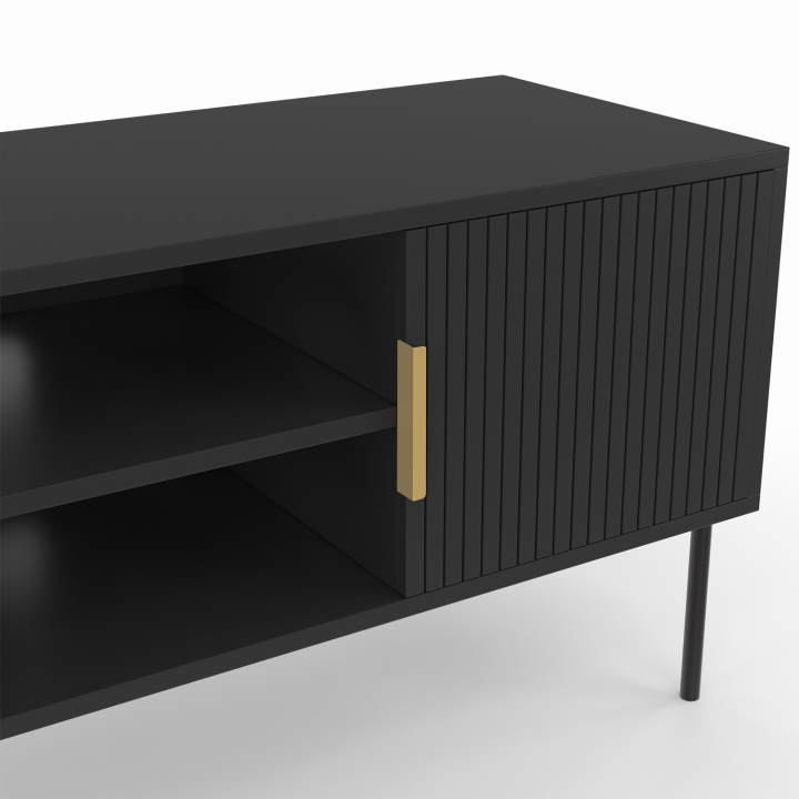 Mueble TV 110 cm madera negro 2 puertas efecto listón - MARCEL | ID Market