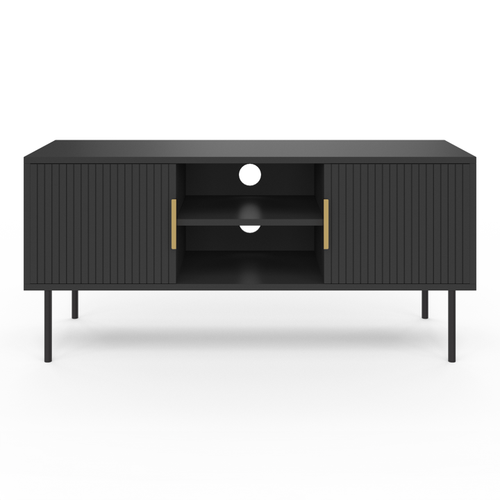 Mueble TV 110 cm madera negro 2 puertas efecto listón - MARCEL | ID Market