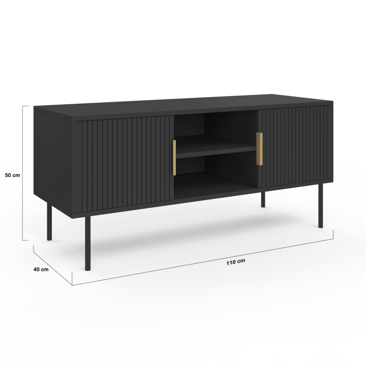 Mueble TV 110 cm madera negro 2 puertas efecto listón - MARCEL | ID Market