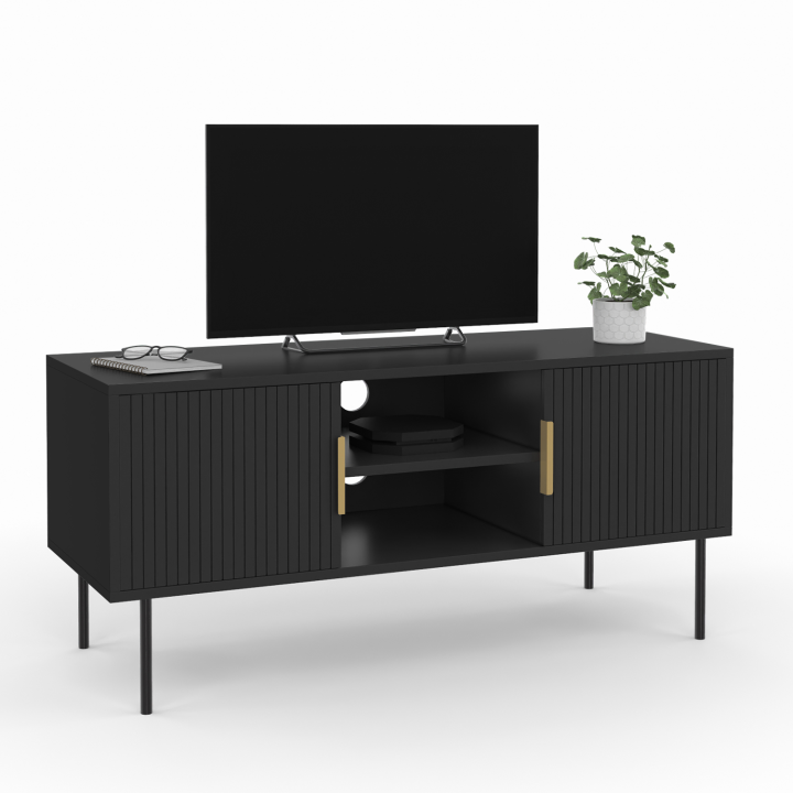 Meuble TV 110 cm MARCEL noir 2 portes effet lattes