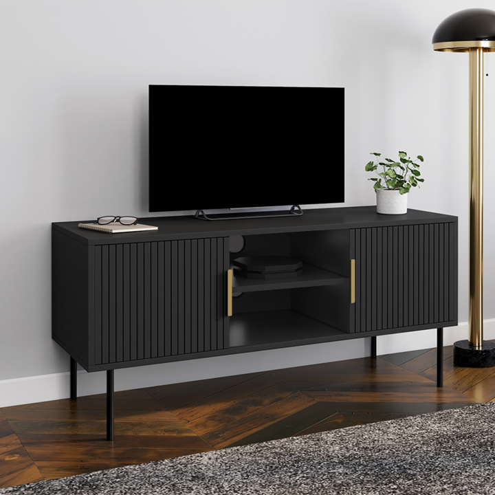 Mueble TV 110 cm madera negro 2 puertas efecto listón - MARCEL | ID Market