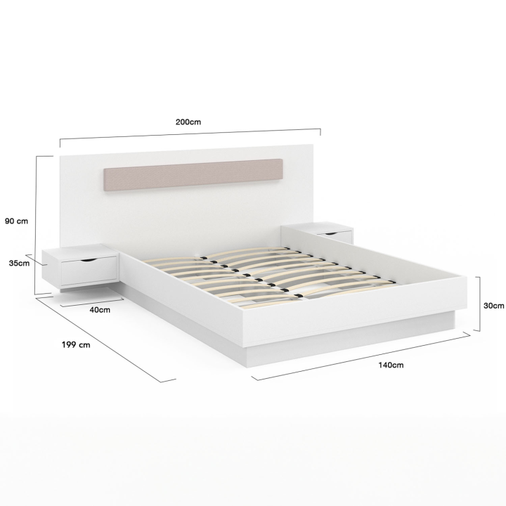 Cama de matrimonio blanca de 140x190 con cabecero y mesitas de noche - SANTA | ID Market