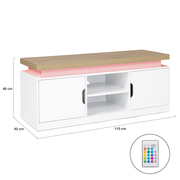 Meuble TV 110 cm 2 portes LUNA à LEDS blanc et plateau effet bois 