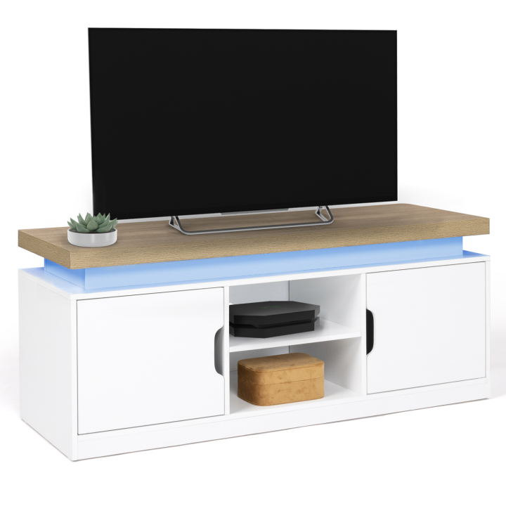 Mueble TV 110 cm blanco con tapa LED efecto madera y 2 puertas - LUNA | ID Market