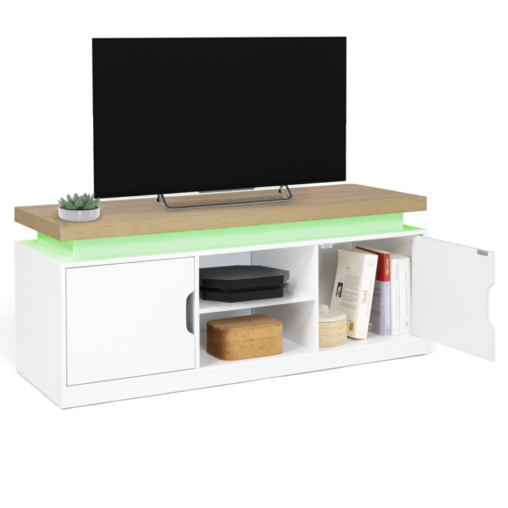 Mueble TV 110 cm blanco con tapa LED efecto madera y 2 puertas - LUNA | ID Market