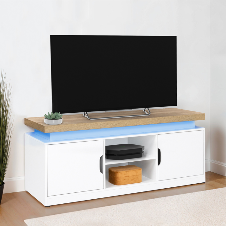 Mueble TV 110 cm blanco con tapa LED efecto madera y 2 puertas - LUNA | ID Market