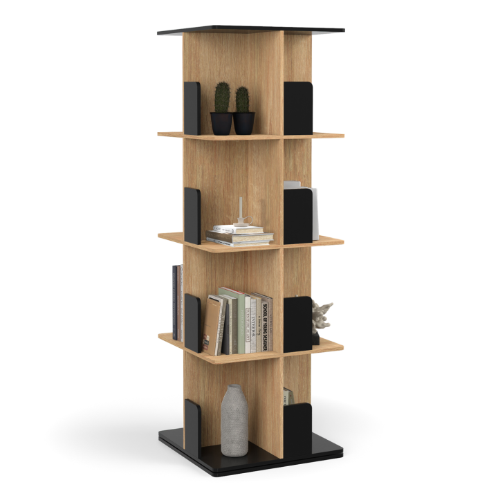 Etagère bibliothèque rotative 4 niveaux RAPHA noir et effet bois rangement