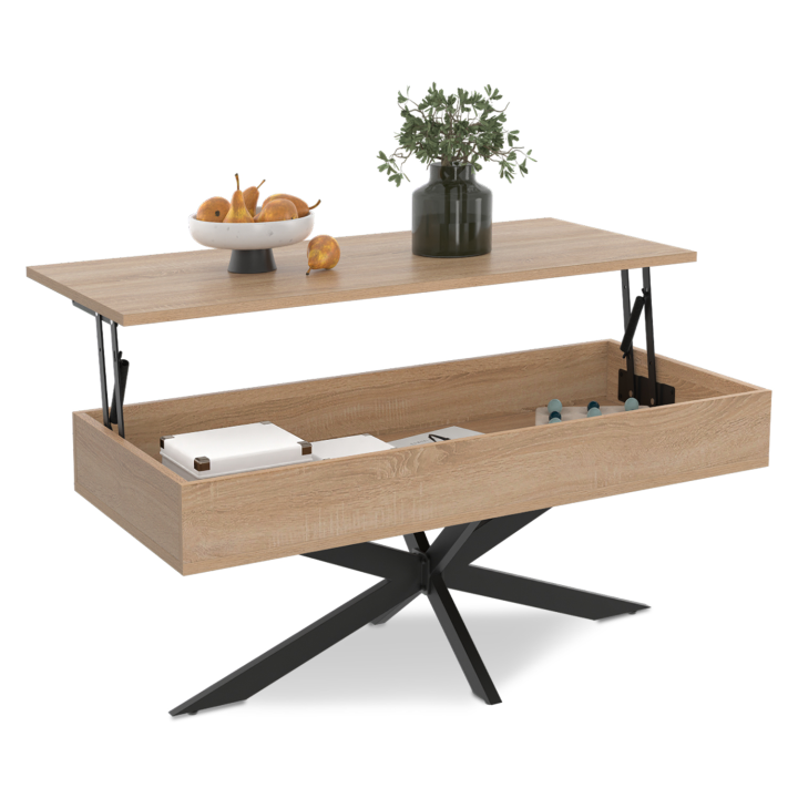 Mesa de centro rectangular ALIX de 100 cm con tablero elevable y patas de araña negras y de madera