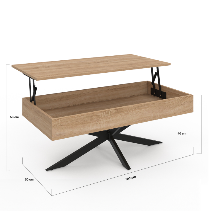 Mesa de centro rectangular ALIX de 100 cm con tablero elevable y patas de araña negras y de madera