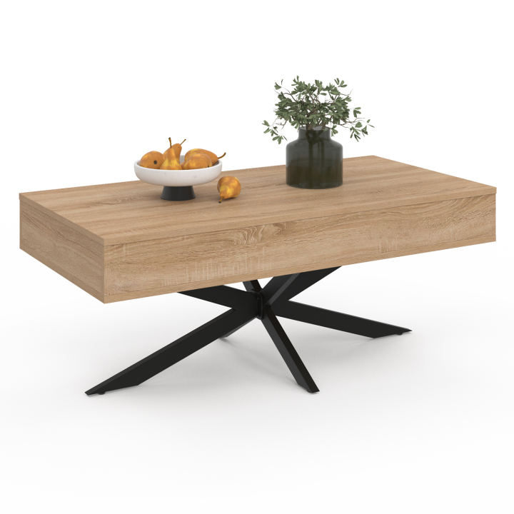 Mesa de centro rectangular ALIX de 100 cm con tablero elevable y patas de araña negras y de madera