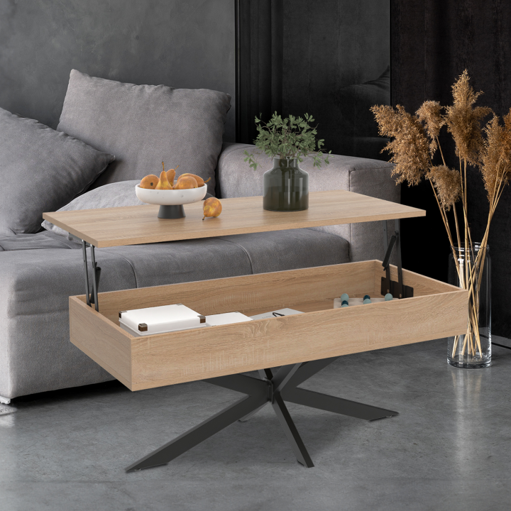 Mesa de centro rectangular ALIX de 100 cm con tablero elevable y patas de araña negras y de madera