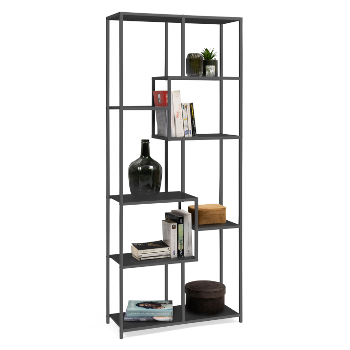 Etagère bibliothèque 6 niveaux asymétrique DAVIS en métal noir mat design industriel 161 cm