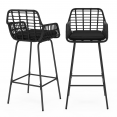 Lot de 2 tabourets de bar SUMMER effet rotin noir pied metal noir avec accoudoirs