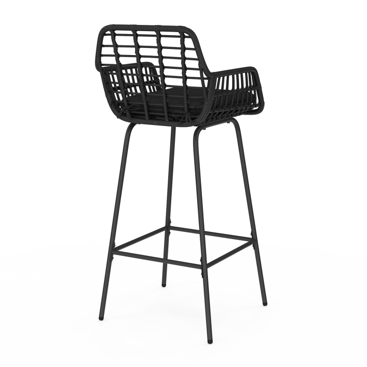 Lot de 2 tabourets de bar SUMMER effet rotin noir pied metal noir avec accoudoirs