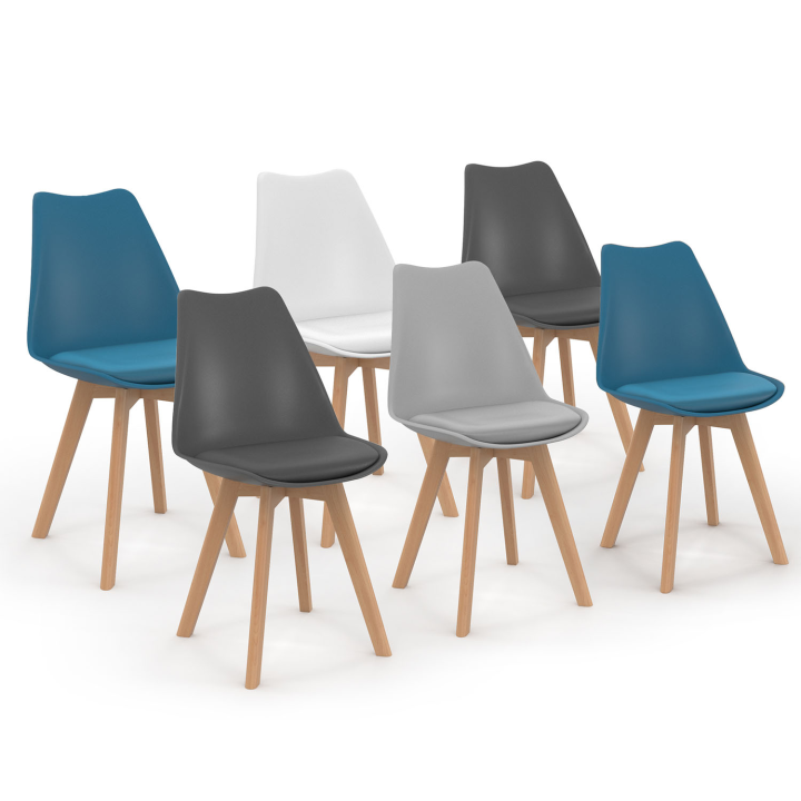 Lot de 6 chaises scandinaves SARA mix color blanc, gris clair, bleu canard x2, gris foncé x2