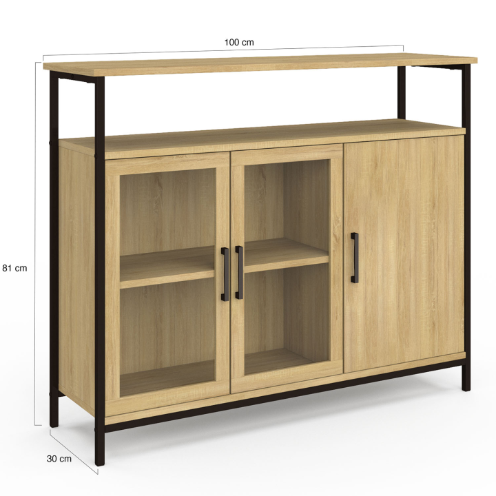 Buffet 100 cm DETROIT 2 portes vitrine avec placards design industriel