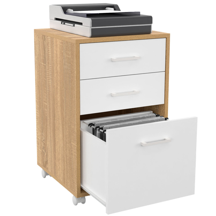 Caisson de bureau JON support imprimante 3 tiroirs bois et blanc