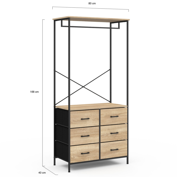 Dressing penderie UTAH avec 6 bacs en tissu bois et noir design industriel